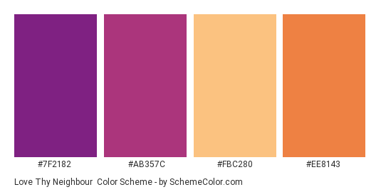 Love Thy Neighbour - Color scheme palette thumbnail - #7F2182 #AB357C #FBC280 #EE8143 