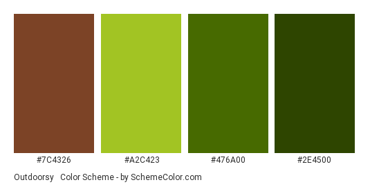 Outdoorsy & Natural - Color scheme palette thumbnail - #7c4326 #a2c423 #476a00 #2e4500 