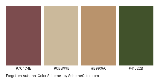 Forgotten Autumn - Color scheme palette thumbnail - #7c4c4e #cbb99b #b9936c #41522b 