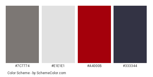 Apartment Complex - Color scheme palette thumbnail - #7c7774 #e1e1e1 #a4000b #333344 