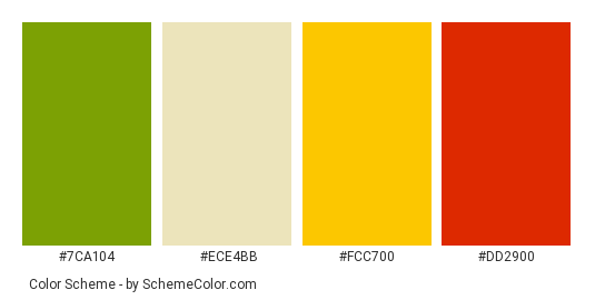 Gummy Bears - Color scheme palette thumbnail - #7ca104 #ece4bb #fcc700 #dd2900 