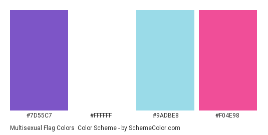 Multisexual Flag Colors - Color scheme palette thumbnail - #7d55c7 #ffffff #9adbe8 #f04e98 