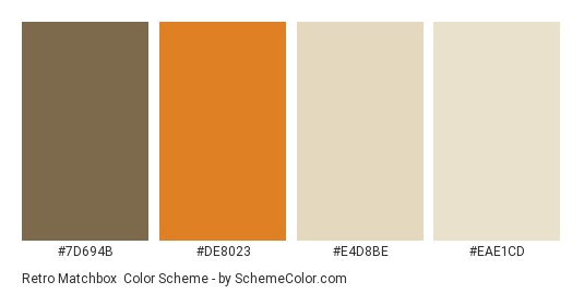 Retro Matchbox - Color scheme palette thumbnail - #7d694b #de8023 #e4d8be #eae1cd 