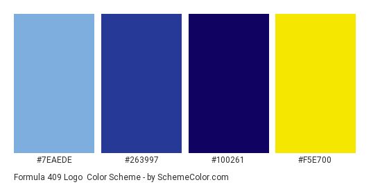 Formula 409 Logo - Color scheme palette thumbnail - #7eaede #263997 #100261 #f5e700 