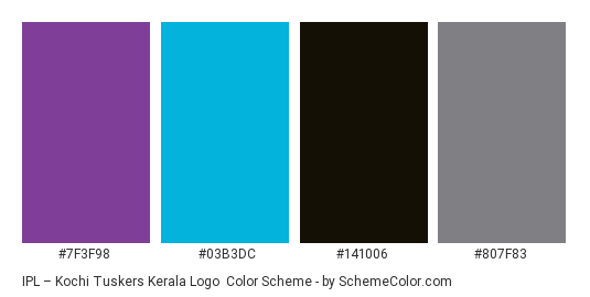 IPL – Kochi Tuskers Kerala Logo - Color scheme palette thumbnail - #7f3f98 #03b3dc #141006 #807f83 