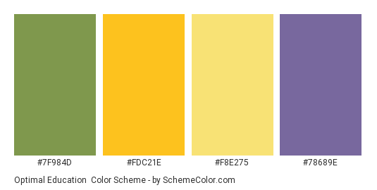Optimal Education - Color scheme palette thumbnail - #7f984d #FDC21E #F8E275 #78689E 