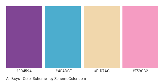 All Boys & Girls - Color scheme palette thumbnail - #804594 #4cadce #f1d7ac #f59cc2 