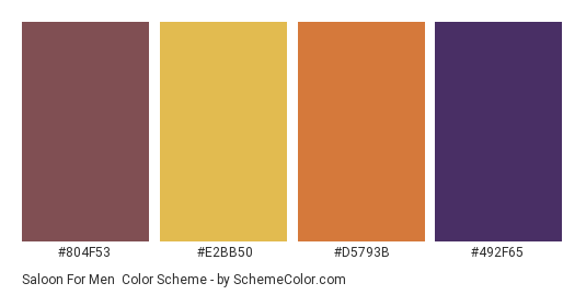 Saloon for Men - Color scheme palette thumbnail - #804f53 #e2bb50 #d5793b #492f65 