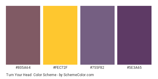 Turn Your Head - Color scheme palette thumbnail - #805a64 #fec72f #755f82 #5e3a65 