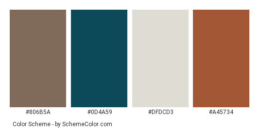 My Coffee Cup - Color scheme palette thumbnail - #806b5a #0d4a59 #dfdcd3 #a45734 