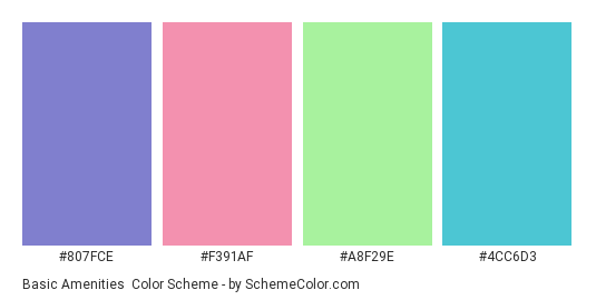 Basic Amenities - Color scheme palette thumbnail - #807fce #f391af #a8f29e #4cc6d3 