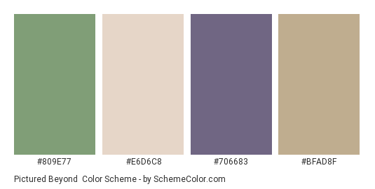 Pictured Beyond - Color scheme palette thumbnail - #809E77 #E6D6C8 #706683 #BFAD8F 