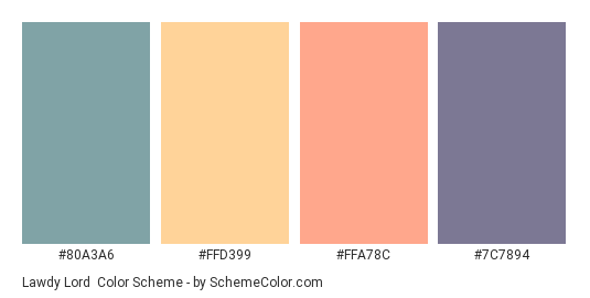 Lawdy Lord - Color scheme palette thumbnail - #80A3A6 #FFD399 #FFA78C #7C7894 