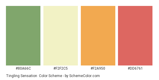 Tingling Sensation - Color scheme palette thumbnail - #80A66C #F2F2C5 #F2A950 #dd6761 