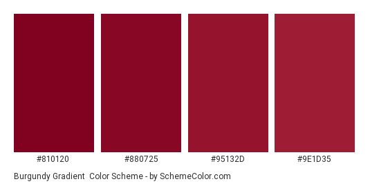 Burgundy Gradient - Color scheme palette thumbnail - #810120 #880725 #95132d #9e1d35 