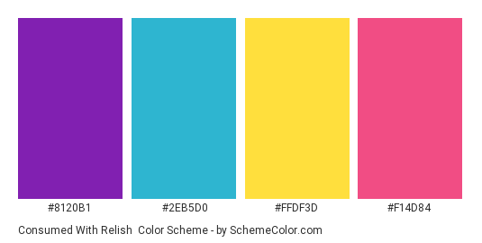 Consumed with Relish - Color scheme palette thumbnail - #8120B1 #2EB5D0 #FFDF3D #F14D84 