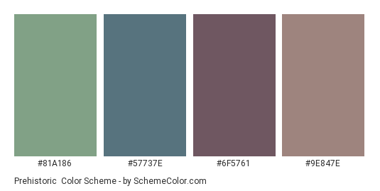 Prehistoric - Color scheme palette thumbnail - #81A186 #57737E #6F5761 #9E847E 