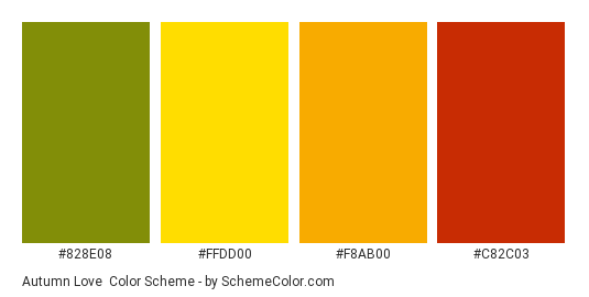 Autumn Love - Color scheme palette thumbnail - #828E08 #FFDD00 #F8AB00 #C82C03 