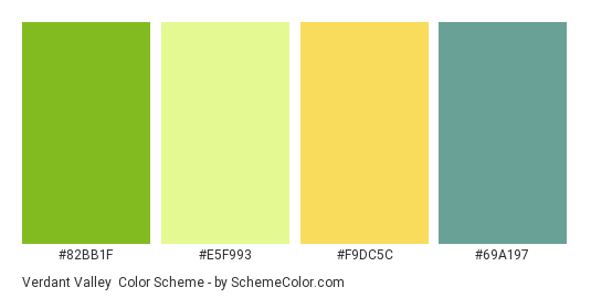 Verdant Valley - Color scheme palette thumbnail - #82BB1F #e5f993 #f9dc5c #69a197 