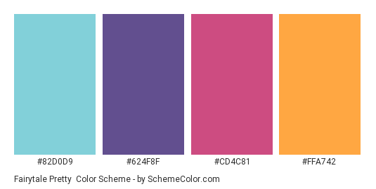 Fairytale Pretty - Color scheme palette thumbnail - #82D0D9 #624F8F #CD4C81 #FFA742 