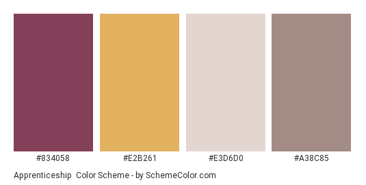Apprenticeship - Color scheme palette thumbnail - #834058 #e2b261 #e3d6d0 #a38c85 