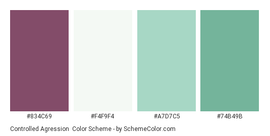 Controlled Agression - Color scheme palette thumbnail - #834C69 #F4F9F4 #A7D7C5 #74B49B 