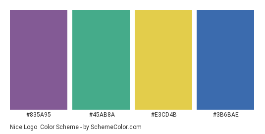 Nice Logo - Color scheme palette thumbnail - #835A95 #45AB8A #E3CD4B #3B6BAE 