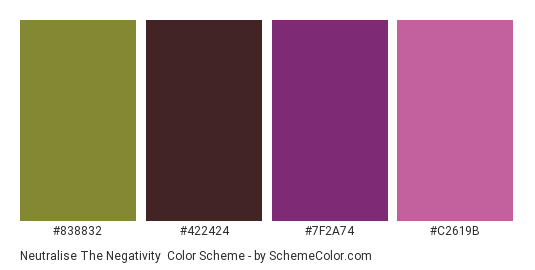 Neutralise the Negativity - Color scheme palette thumbnail - #838832 #422424 #7F2A74 #C2619B 