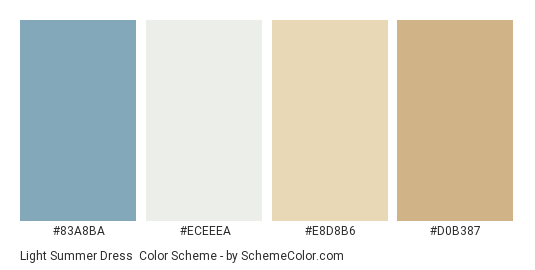 Light Summer Dress - Color scheme palette thumbnail - #83a8ba #eceeea #e8d8b6 #d0b387 