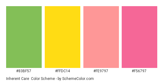 Inherent Care - Color scheme palette thumbnail - #83bf57 #ffdc14 #fe9797 #f56797 