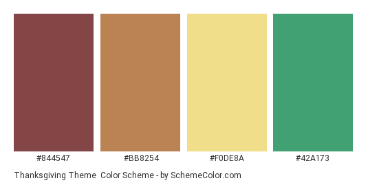 Thanksgiving Theme - Color scheme palette thumbnail - #844547 #BB8254 #F0DE8A #42A173 