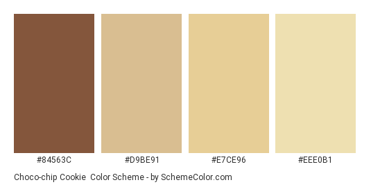 Choco-chip Cookie - Color scheme palette thumbnail - #84563C #D9BE91 #E7CE96 #EEE0B1 
