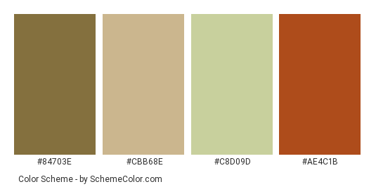 Luxurius - Color scheme palette thumbnail - #84703e #cbb68e #c8d09d #ae4c1b 
