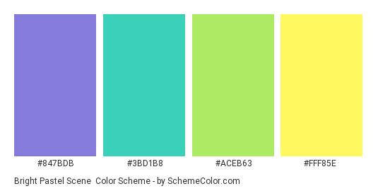 Bright Pastel Scene - Color scheme palette thumbnail - #847BDB #3BD1B8 #ACEB63 #FFF85E 