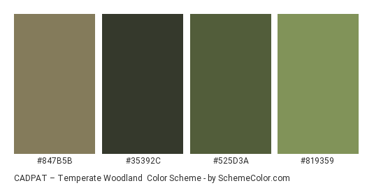 CADPAT – Temperate Woodland - Color scheme palette thumbnail - #847b5b #35392c #525d3a #819359 