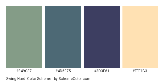 Swing Hard - Color scheme palette thumbnail - #849C87 #4D6975 #3D3E61 #FFE1B3 