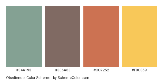 Obedience - Color scheme palette thumbnail - #84A193 #806A63 #CC7252 #F8C859 