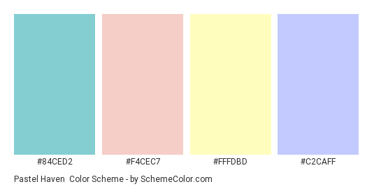 Pastel Haven - Color scheme palette thumbnail - #84CED2 #F4CEC7 #FFFDBD #C2CAFF 