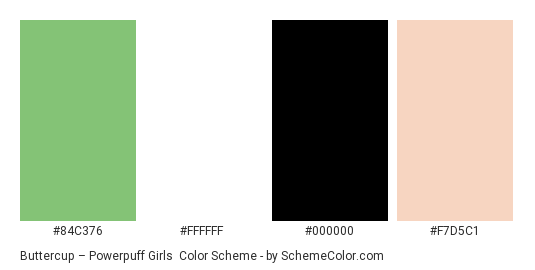 Buttercup – Powerpuff Girls - Color scheme palette thumbnail - #84c376 #FFFFFF #000000 #f7d5c1 