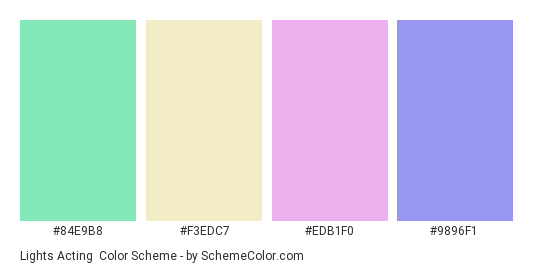Lights Acting - Color scheme palette thumbnail - #84e9b8 #f3edc7 #edb1f0 #9896f1 