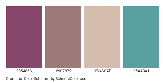 Dramatic - Color scheme palette thumbnail - #85486C #9D7979 #D4BCAE #5AA0A1 