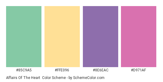 Affairs of the Heart - Color scheme palette thumbnail - #85C9A5 #FFE096 #8E6EAC #D971AF 