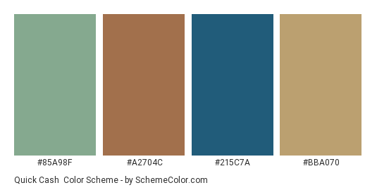 Quick Cash - Color scheme palette thumbnail - #85a98f #a2704c #215c7a #bba070 