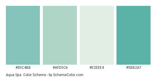 Aqua Spa - Color scheme palette thumbnail - #85c4bb #afd5c6 #e2eee4 #5bb2a7 