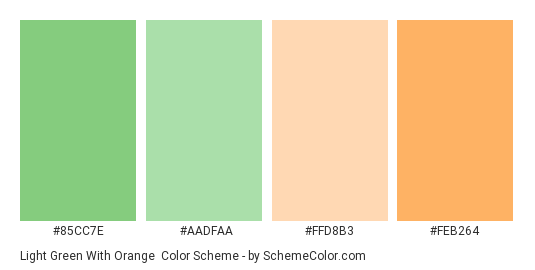 Light Green with Orange - Color scheme palette thumbnail - #85cc7e #aadfaa #ffd8b3 #feb264 