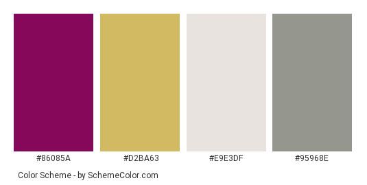 Window Shopping - Color scheme palette thumbnail - #86085A #D2BA63 #E9E3DF #95968E 