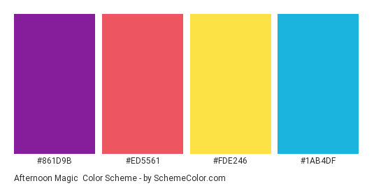 Afternoon Magic - Color scheme palette thumbnail - #861d9b #ed5561 #fde246 #1ab4df 