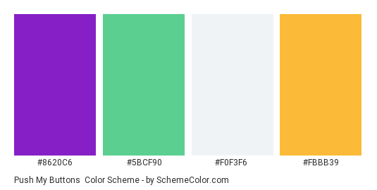 Push My Buttons - Color scheme palette thumbnail - #8620c6 #5bcf90 #f0f3f6 #fbbb39 