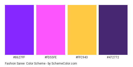 Fashion Saree - Color scheme palette thumbnail - #8627ff #fd55fe #ffc943 #472772 