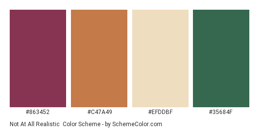 Not at all Realistic - Color scheme palette thumbnail - #863452 #C47A49 #EFDDBF #35684F 